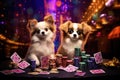 Two chihuahua dogs playing cards and chips on a casino table, Tibetan Spaniel puppies playing poker in vegas. All colorful Royalty Free Stock Photo