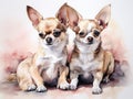 two chihuahuas sitting on a white background. watercolor painting style