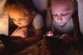 Two Child watching video smartphone under the blanket on the bed at night when light flashes bounce off the screen