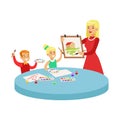 Two Children In Art Class Drawing Cartoon Illustration With Elementary School Kids And Their Teacher In Creativity Royalty Free Stock Photo