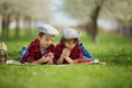 Two children, boy brothers, reading a book and eating strawberries in the park Royalty Free Stock Photo