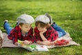 Two children, boy brothers, reading a book and eating strawberries in the park Royalty Free Stock Photo