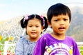 Two children brother sit on bench in summer park Royalty Free Stock Photo