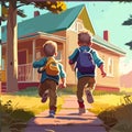 two children, brothers and sisters, just came home from school happily Royalty Free Stock Photo