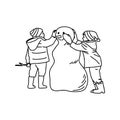 Two children building a snowman vector illustration drawing with Royalty Free Stock Photo