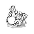 Two children building a snowman vector illustration sketch hand Royalty Free Stock Photo