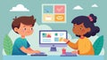 Two children collaborate on a virtual art project sharing their screens and discussing different ways to upload and edit