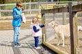Two children cute toddler girl and school kid boy feeding little goats and sheeps on a kids farm. Happy healthy siblings Royalty Free Stock Photo