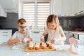 Two children decorate cupcakes by sprinkling icing balls on them.