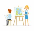 Two children drawing in class - cartoon people characters isolated illustration Royalty Free Stock Photo