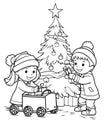 Two children dressing a Christmas tree. Black and White coloring sheet. Xmas tree as a symbol of Christmas of the birth of the