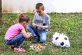 Brother and sister playing on ground and eats sweets candy from pinata toy. Boy and girl on meadow in garden playing Royalty Free Stock Photo