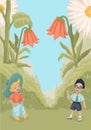 Two children in a fairy forest. Vector illustration