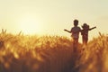 Two children friends cousins running through wheat field joy freedom in nature summer spring happiness childhood games