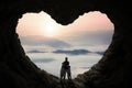 Two children hugging their father inside cave