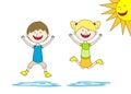 Two children jump