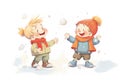 two children laughing after a snowball fight