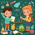 Two children learning math in front of a chalkboard filled with school supplies Royalty Free Stock Photo