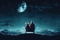 Two children look at the starry moonlit night sky in anticipation of a Christmas miracle, generative AI.