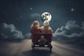 Two children look at the starry moonlit night sky in anticipation of a Christmas miracle, generative AI.