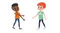 Two children meet to each other. Afro American boy going to shake the hand his new Caucasian friend. School friends have fun.