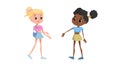 Two children meet to each other. Caucasian girl going to shake the hand his new Afro American friend. School friends have fun.