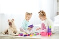 Two children play plastic toys blocks. Dog and girls. The concep