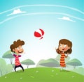 Two children playing with a ball in the park