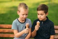 Two children are playing in the park. Two beautiful boys in T-shirts and shorts have fun smiling. They eat ice cream Royalty Free Stock Photo