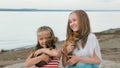 Two children playing which dogs on the sand on the beach. Royalty Free Stock Photo