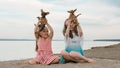 Two children playing which dogs on the sand on the beach. Royalty Free Stock Photo