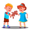 Two Children Quarrel Over A Toy Vector. Isolated Illustration