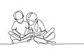 Two children read book continuous line drawing vector illustration minimalism style