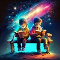 Two children reading a book on a bench in the night starry sky Generative AI Royalty Free Stock Photo