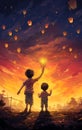 two children releasing a lantern into a sky filled with floating lanterns at sunset