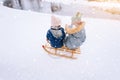 Two children ride on wooden retro sled on sunny winter day. Active winter outdoors games. Winter activities for kids Royalty Free Stock Photo