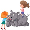 Two children riding rhinoceros