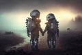 Two children robots of the future in the wasteland and holding hands. Postapocalypse generative AI Royalty Free Stock Photo