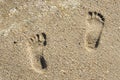 Two children`s footprints in the sand near the sea foam in summer