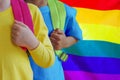 Two children with satchels background of Rainbow flag Royalty Free Stock Photo