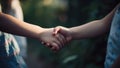 Two children shaking hands - Generative AI Royalty Free Stock Photo