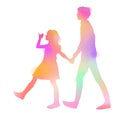 Two children, siblings walking together silhouette plus abstract watercolor painting. Double exposure illustration. Digital art