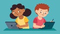Two children sit side by side each focused on their own drawing tablet as they experiment with different animation Royalty Free Stock Photo