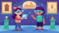 Two children stand in front of a large interactive exhibit their augmented reality goggles allowing them to see virtual