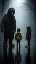 Two children standing in front of a bigfoot. Generative AI image. Royalty Free Stock Photo