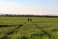 Two children are standing in the green path in the field