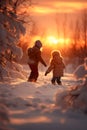 Two children standing, looking at the sunset, having fun outdoors in winter.
