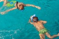 Two children swim ocean snorkeling mask Summer background Royalty Free Stock Photo