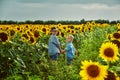 Two children on a walk in the field with sunflowers Royalty Free Stock Photo