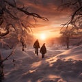 Two children walking outdoors, having fun in winter field with forest, snow cover.